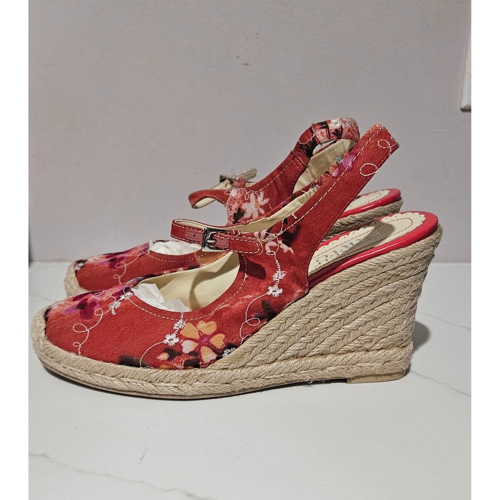 Franco Sarto Red Floral Espadrille Wedge Sandals Mary Jane Ankle Strap Heel 8.5